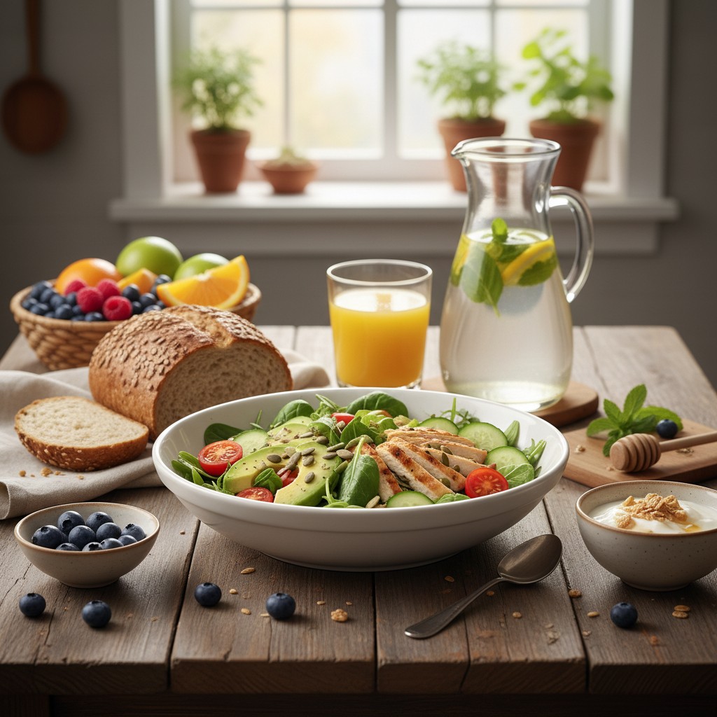 Une salade fraîche servie dans un bol blanc presents sur une table de bois, sur ce bol-la, on y voit des légumes frais, co...