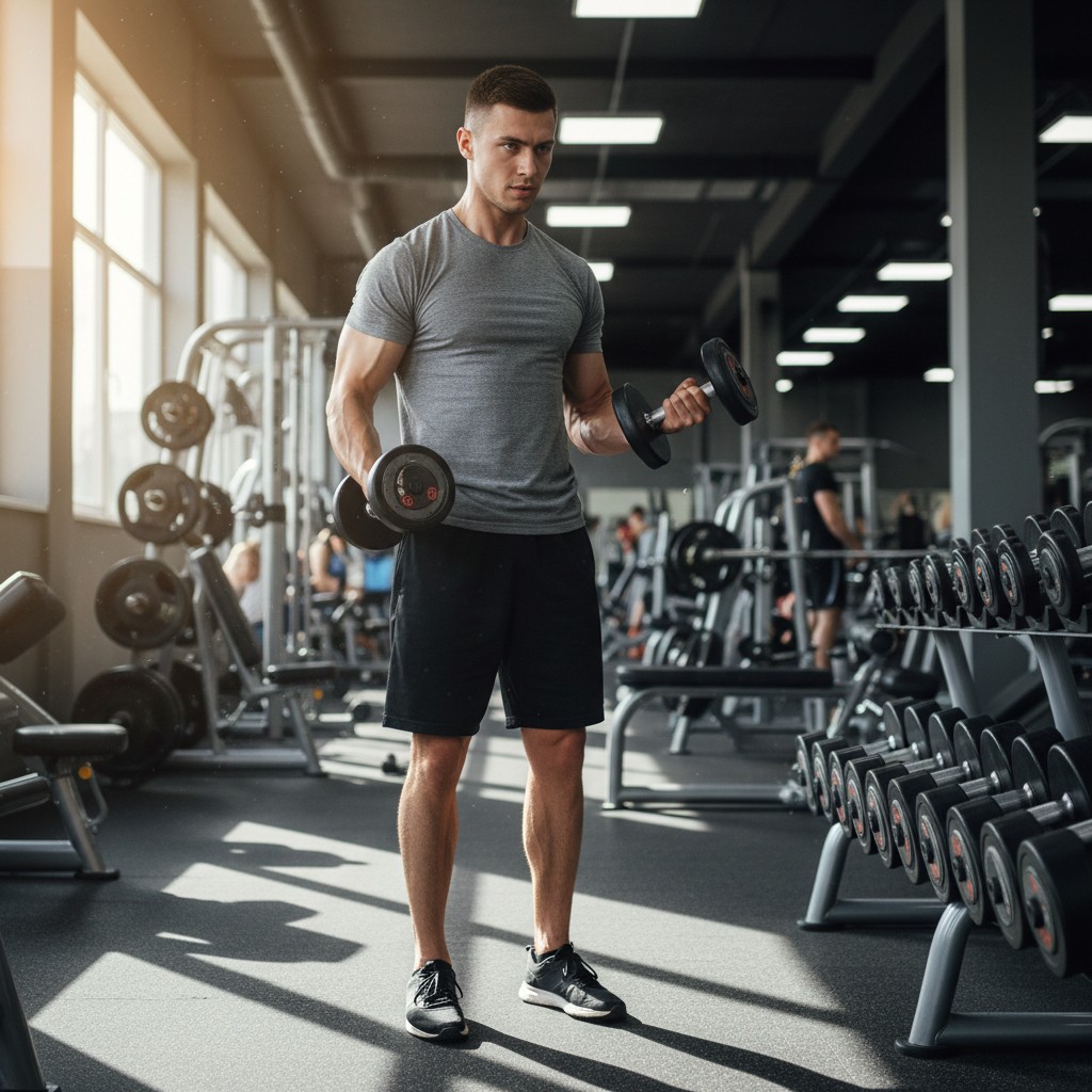Un homme musclé en train de faire des flexions biceps avec des haltères. Agisant au gym solaire. Leur féricisation_face es...